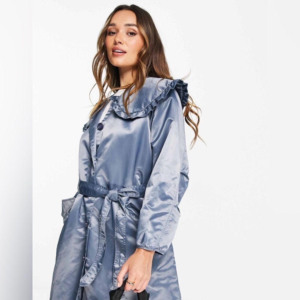 NWT GOSPELL Oversized Longline Coat Blue Satin Finish Chic Minimalist Luxury - Picture 2 of 7